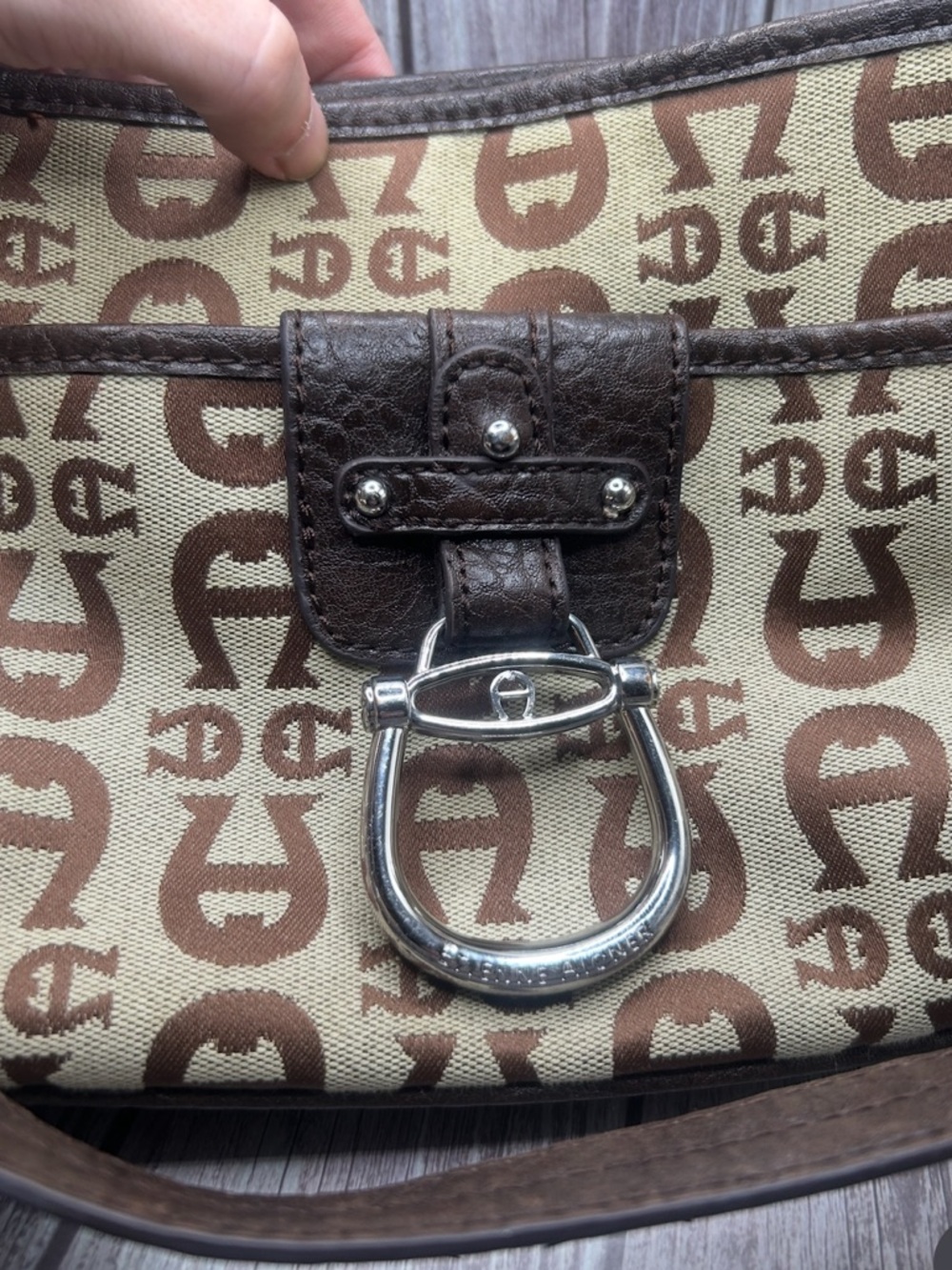 ETIENNE AIGNER Y2K VTG Baguette Shoulder Bag Monogram Print Horsebit Brown Beige - Picture 6 of 15